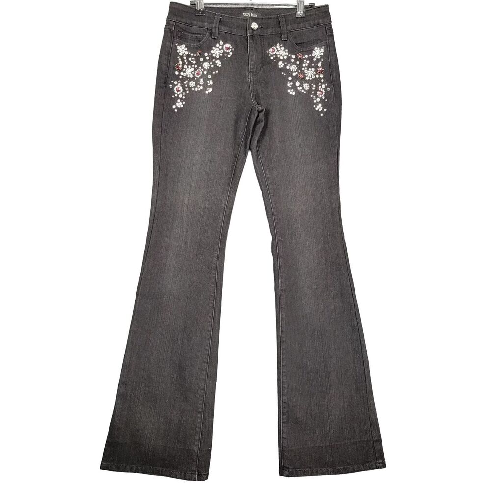 WHBM Black Rhinestone Studded Bling Flare Mid Rise Stretch Denim Jeans SIZE 2